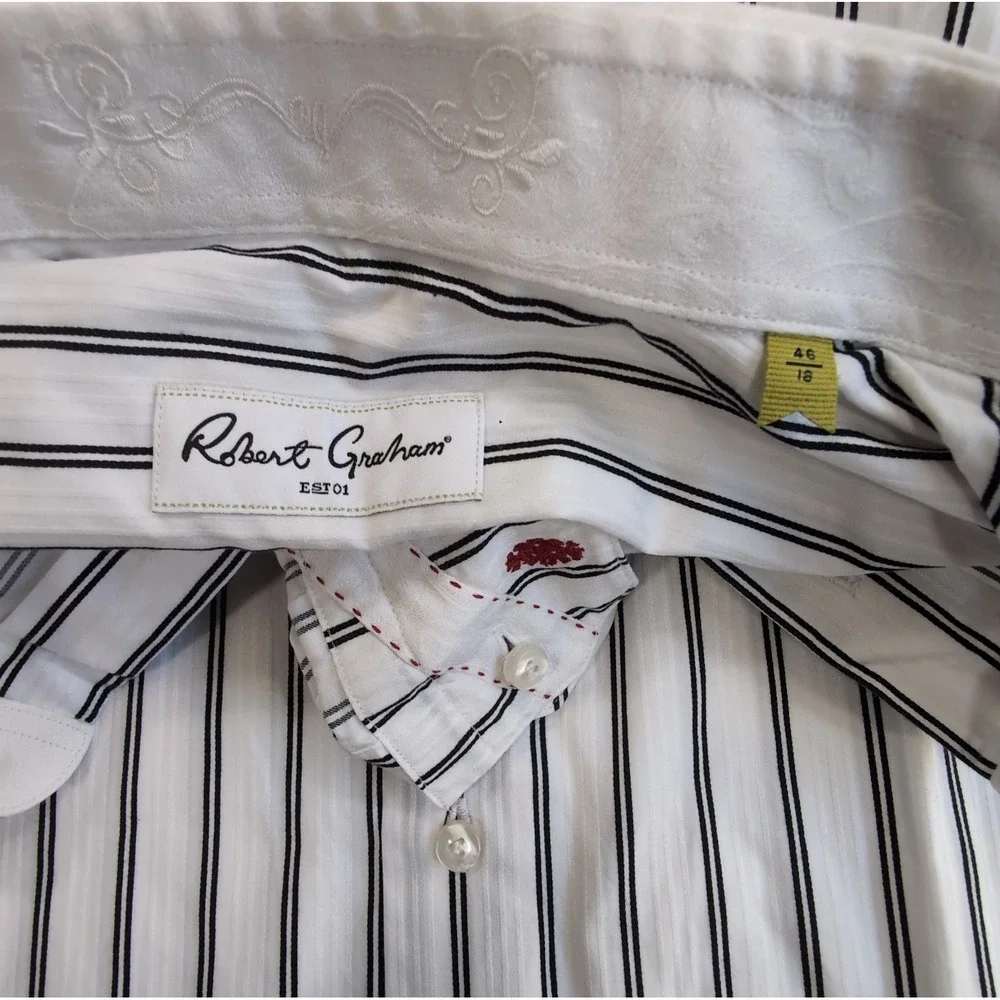 Robert Graham Flip Cuff Long Sleeve Shirt Mens 2XL 18 46 White Black Stripe